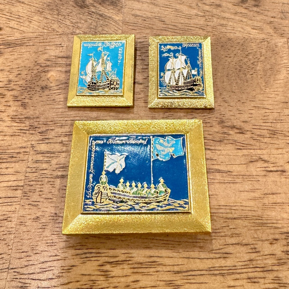Vintage Russian Navy Ship Pins Set of 3 Commemorative Memorabilia USSR Brooch